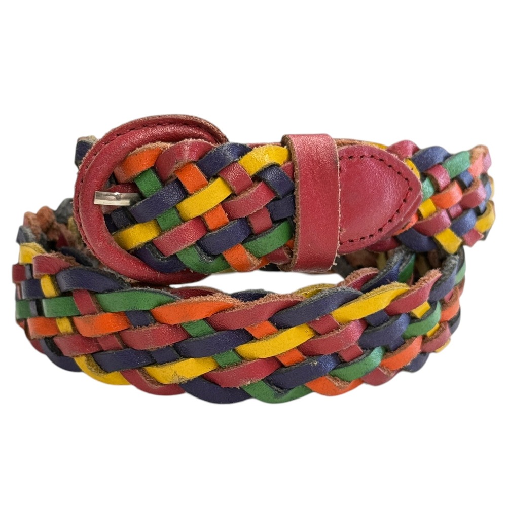 Vintage Argentina Genuine Leather Rainbow Braided Woven Belt Multi Color Red S/M